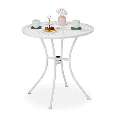 Afbeelding van Relaxdays tuintafel met parasolgat witte bistrotafel ronde buitentafel metaal balkon