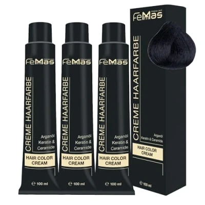 Afbeelding van FemMas Haarverf, 3 x zwart, 1, professionele crème haarverf met arganolie, keratine en ceramiden, als duurzame haarkleuring of tint voor stralende, kleurresultaten, 100 ml