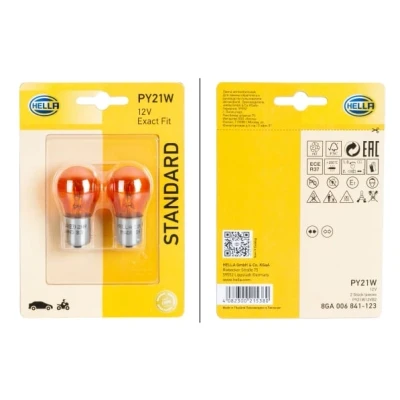 Afbeelding van HELLA 8GA 006 841 123 Halogeen Gloeilamp PY21W Standard 12V 21W Sokkeluitvoering gloeilamp: BAU15s Blister Aantal: 2