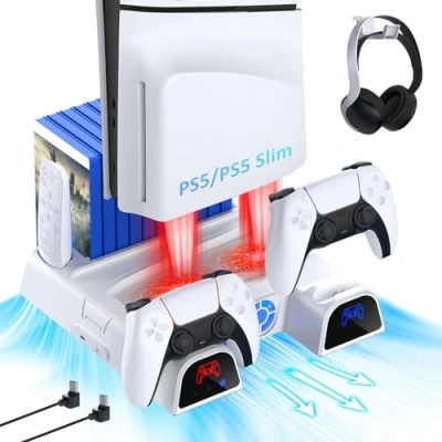 Afbeelding van NexiGo PS5 Verticale standaard met headset houder en voeding, voor Disc &amp; Digital Edition Dual Controller laadstation, 3 standen instelbare ventilatorsnelheid, 10 gamerack, wit