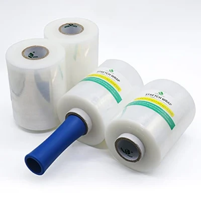 Afbeelding van BOMEI PACK Mini stretchfolie, handfolie wikkelfolie, 20 my x 127 mm 300 m, transparant pakfolie, 4 rollen met 1 greep