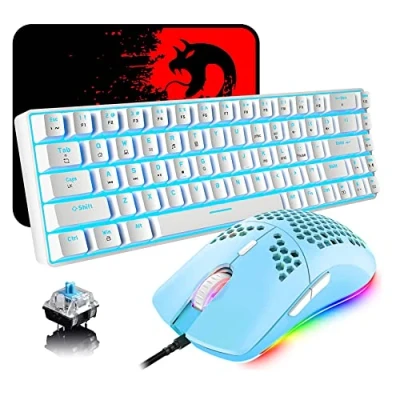 Afbeelding van Toetsenbord en Muis Set Gaming QWERTY, 68 Toetsen Blauwe Schakelaar Ijsblauwe Backlit Mechanisch Keyboard, 6400DPI Honingraat Lichtgewicht Mouse Groene, USB Bedraad, Compatibel met Windows Mac PS4
