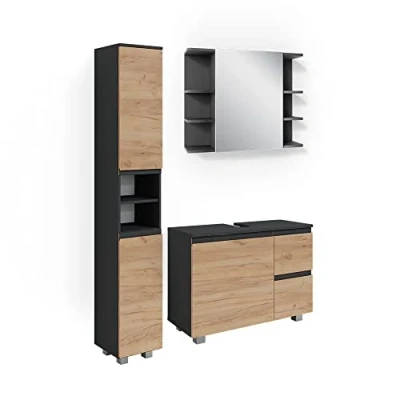 Afbeelding van Vicco Badkamermeubel set &quot;J Shape&quot;, Antraciet/Eiken, 3 delen