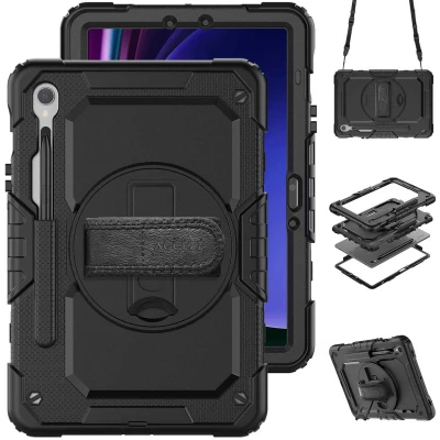 Afbeelding van Samsung Galaxy Tab S9 FE Hoes: Accezz Rugged Backcover Shoulder Strap Backcover,Hardcase Zwart Kunststof Tablet Hoezen