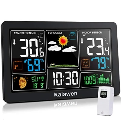 Afbeelding van Kalawen Weerstation met buitensensor, binnen en buiten, 9 in 1, draadloze digitale wekker, barometer, weerstation, temperatuur vochtigheidsmonitor, weersvoorspelling voor thuis, tuin, kantoor