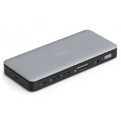 Afbeelding van DIGITUS USB C docking station 11 poorten 2x HDMI, 1x Displayport UltraHD 4k/60Hz A 3.2 Gen2, Gen2 RJ45 Dubbele kaartlezer 3,5mm audio Grijs