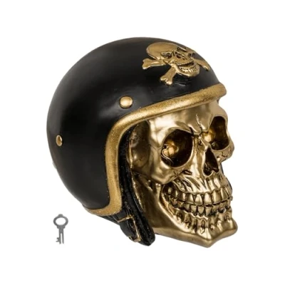 Afbeelding van Out of the Blue Spaarpot van Biker doodshoofd polyresin 15 x 13 cm Zwart/goud Volwassenen Spaarpotten