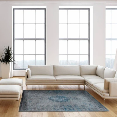 Afbeelding van Vintage vloerkleed The Fading world Grey Turquoise 8255 80x150cm Louis de Poortere