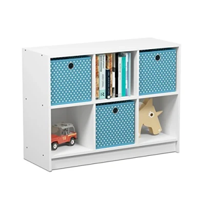 Afbeelding van Furinno Basic 3x2 Boekenkast Opslag w/Bakken, Wit/Lichtblauw