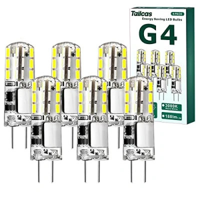 Afbeelding van Tailcas G4 LED 1,5 W lampen, koudwitte vervangt 20 halogeenlamp, 6000 K koudwit stiftfitting, 180 lm AC/DC 12 V gloeilamp, niet dimbare spaarlamp, 6 stuks