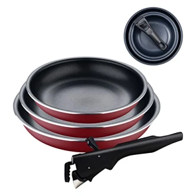 Afbeelding van Bergner Click&amp;Cook Pannenset 4 stuks 18, 20 en 24 cm + afneembare handgreep Geperst aluminium met antiaanbaklaag Voor alle soorten fornuizen ovens Koekenpan