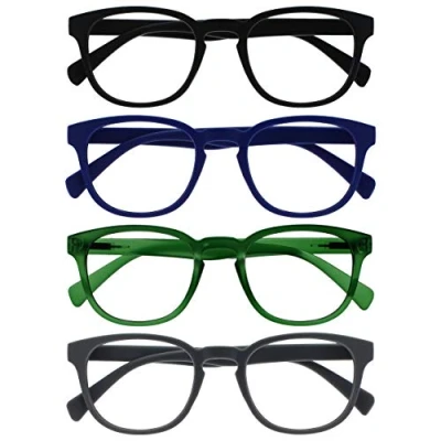 Afbeelding van Opulize Pop 4 Stuks Retro Ronde Zwart Blauw Groen Grijs Mannen Vrouwen Leesbril Scharnieren Met Veer RRRR2 1367 +2,50