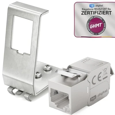 Afbeelding van hb digital Set: 1x CAT.6a keystone RJ45 module DIN railadapter metalen houder voor rail 35 mm standaard jack afgeschermd roestvrij staal LSA montage Ethernet LAN netwerk switch