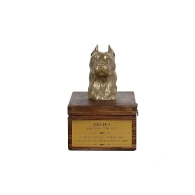 Afbeelding van Art Dog handgemaakte aangepaste hondenherdenkingsurn koudgegoten bronzen hondenkop op berkenbasis langdurige hondencrematiedoos 16x28x16cm Amerikaanse Staffordshireterriër