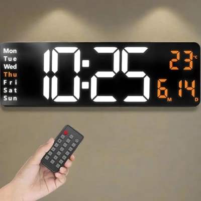 Afbeelding van Opis klok 1 XXL wit/oranje: digitale wandklok met temperatuurweergave, de grote lichtgevende led zonder tikkend geluid