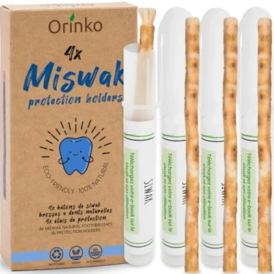 Afbeelding van Siwak X4 met 4 beschermhoesjes 100% natuurlijke tandenborstel reinigend, ontsmettingsmiddel en bleekmiddel milieuvriendelijk, biologisch afbreekbaar veganistisch gratis e book