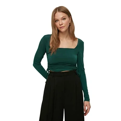Afbeelding van Trendyol Grijze Vierkante Hals Geplooide Gedetailleerde Aansluitende Crop Rekbare Gebreide Blouse Twoaw22Bz0263