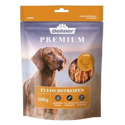 Afbeelding van Dehner Premium hondensnack, lekkernijen graanvrij/vetarm, kauwsnack voor volwassen honden, kippenborstfilet in strepen, 500 g