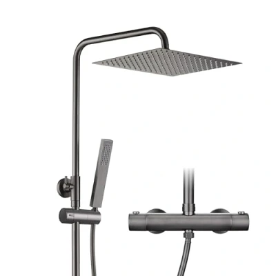 Afbeelding van Görbach Thermostaat douchesysteem met douchearmatuur, complete set, regendouche, doucheset roestvrijstalen douchestang, douchekop 25 x cm, gunmetal grijs
