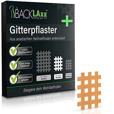 Afbeelding van BACKLAXX ® Rastertape, 120 stuks, premium kwaliteit, set in de maten type B, gratis uitgebreid e book met 60 toepassingsvoorbeelden, acupunctuurpleisters, kruistape, roosterpleisters