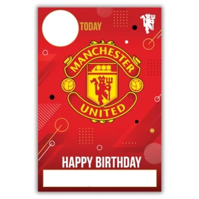 Afbeelding van Manchester United Football Club verjaardagskaart. Wordt geleverd met stickers om je leeftijd en naam te personaliseren, rood