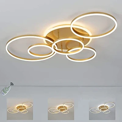 Afbeelding van LED Plafondlamp Dimbare met Afstandsbediening Gouden Woonkamerlamp 6 Ring Ronde 3000K 6000K Slaapkamer Lamp, Lange 115cm Ontwerp Kantoorlamp Keuken Lamp