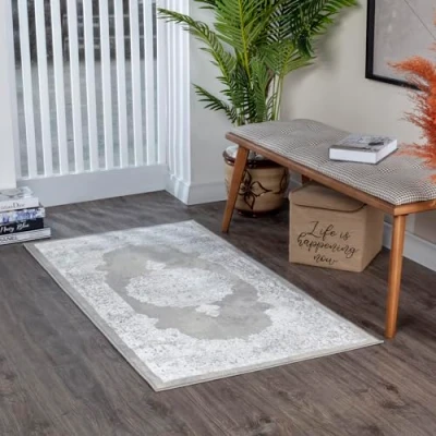 Afbeelding van Surya Agadir Vintage tapijt, tapijtloper voor woonkamer, hal, slaapkamer, chique, neutraal Scandi traditionele boho tapijtstijl, natuurlijke onderhoudsvriendelijke pool groot tapijt 150 x 80