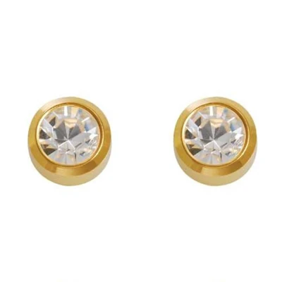 Afbeelding van Caflon Large 5mm 24K gold plated oorknopjes voor oorschieter hypoallergeen steriel verpakt goudkleurig met narurel steentje geboortesteen april