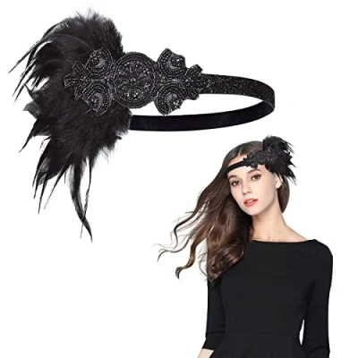 Afbeelding van MIVAIUN jaren 20 Gatsby flapper hoofdband, Charleston met veer en &#039;20 haarband, hoofddekselaccessoires, hoofdband voor vintage themafeest dames (1 stuk)