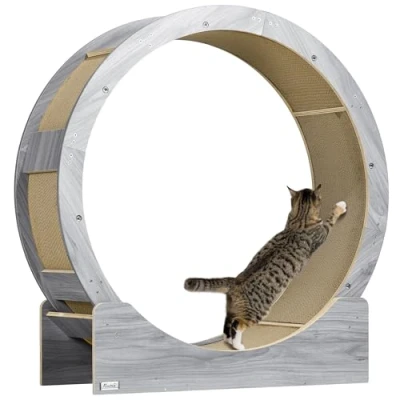 Afbeelding van PawHut Kattenloopfiets voor katten, 91 cm diameter, kattenwiel met rem, loopbaan, krabplank, gewichtsverlies en gezondheid, grijs