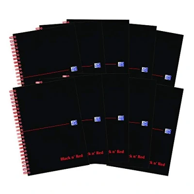 Afbeelding van Oxford Black n&#039; Red A5 100 pagina&#039;s draadgebonden kaarthoes gelijnd en geperforeerd notitieboek (Pack van 10), zwart/rood