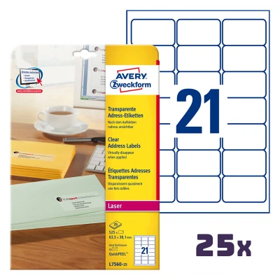 Afbeelding van Avery L7560 25 transparante adresetiketten 63,5 x 38,1 mm (525 stuks)