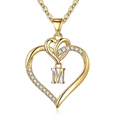 Afbeelding van TINGN Damesketting met hartje, 14 karaats goud/witgoud, verguld zirkonia, harthanger, letterketting, jubileum, verjaardagscadeau voor vrouwen, vriendin, meisjes, Messing