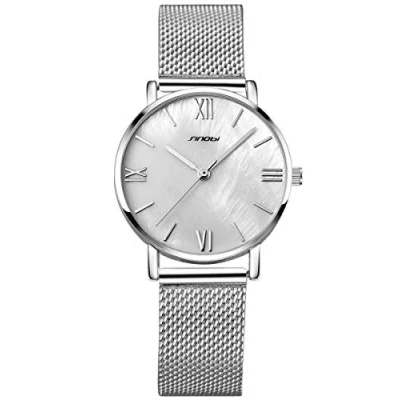 Afbeelding van Alienwork Dameshorloge Zilver Mesh Armband Wit Parelmoer Wijzerplaat Ultradun