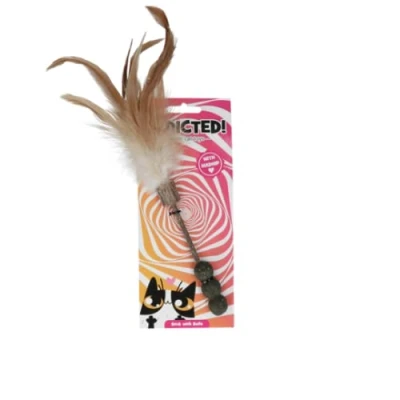 Afbeelding van Addicted Stick Met 3 Ballen en Veertjes 25 cm Kattenspeelgoed Katten bal madnip kattenkruid