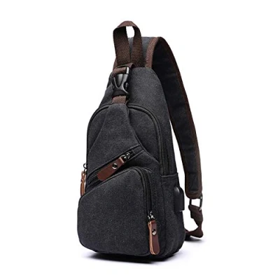 Afbeelding van FANDARE Modieuze borsttas voor heren, canvas tas, schoudertas met USB, schoudertas, slingtas fietsen, avontuur, reizen, zwart., L