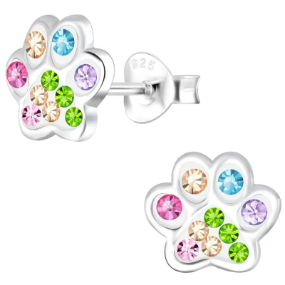 Afbeelding van JoyS Zilveren kat hond dierenpoot oorbellen 8 mm multicolor kristal poot afdruk