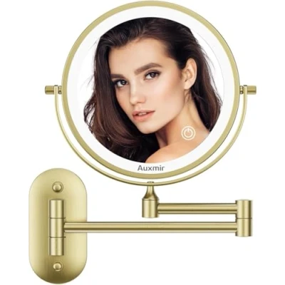 Afbeelding van Auxmir Cosmetische Spiegel LED Verlicht met 1X / 10X Vergroting, Dimbare Makeup Aanraakschakelaar, USB Oplaadbaar, 360 Graden Draaibaar, Wandmontage Voor Badkamer, Hotel, Goud