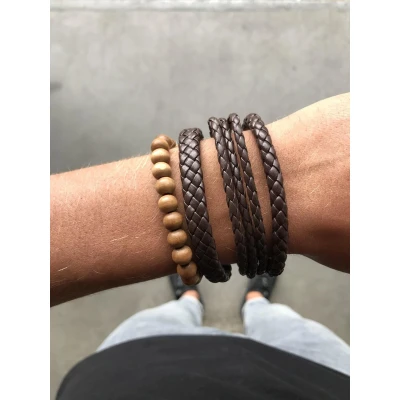 Afbeelding van Joboly Stoere multilayer mannen / Heren armband set gevlochten kralen Bruin 22 cm