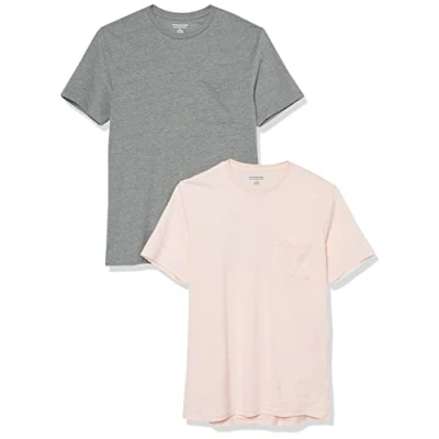 Afbeelding van Amazon Essentials Heren Slim Fit T shirt met korte mouwen en ronde hals, 2 stuks, grijs heather/lichtroze, S