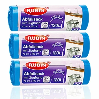 Afbeelding van Trekkoord vuilniszakken 120 liter (30 stuks) voor huishouden en kantoor scheurvast vloeistofdicht 3 pack (3 x 10 recyclebaar bijzonder klein verpakt