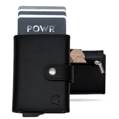 Afbeelding van POWR Portemonnee Mannen Metalen Kaarthouder met Munt Compartiment. Zwart Vegan Lederen RFID voor Mannen. Minimalistische Creditcardhouders Pop Up