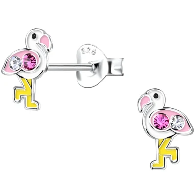 Afbeelding van JoyS Zilveren flamingo oorbellen 8 x 5 mm wit roze en geel kristal kinderoorbellen vogel