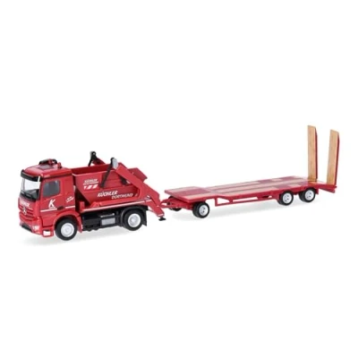 Afbeelding van Herpa Vrachtwagen model Mercedes Benz Arocs AK12 demonteerkipper met TU3 aanhanger, miniatuur op schaal 1:87, verzamelstuk, Made in Germany, kunststof