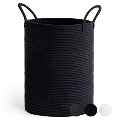 Afbeelding van TIMEYARD Wasmand groot, wasmand, opbergmand met handvat, touw, katoenen mand, handdoekmand voor badkamer, woonkamer, mand dekens, babyspeelgoed, 38 x 50 cm, zwart