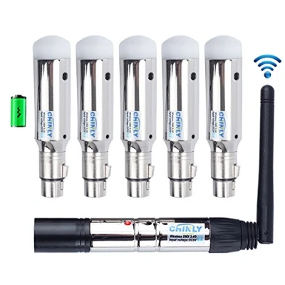 Afbeelding van 2,4 G ISM DMX512 mannelijk/vrouwelijk XLR zender/ontvanger met antenne voor moving heads podium licht 1 zender en 5 ontvanger (batterij).