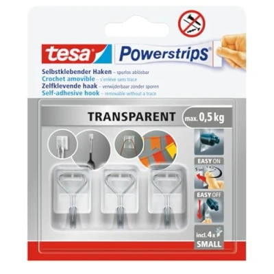 Afbeelding van tesa Powerstrips Zelfklevende Haken Small Met Afneembare Draadhaak Herbruikbare voor Badkamer of Keuken Montage zonder Boren Transparant 3 x 4