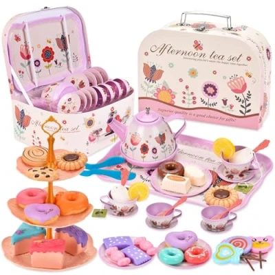 Afbeelding van TOSUTO 52 stuks Speelgoedtheeset,Kindertheeservies,Theeservies voor kinderen,Theeset Kinderen met kopjes,borden en accessoires,Theekransje Set van 3,4,5,6,7 jaar