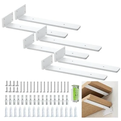 Afbeelding van 6 stuks plankhouders, zwevende plankdragers, 25 cm, robuuste plankhoeken (1/5 inch), dik metaal, witte plankhouders met moderne ijzeren afwerking, wit