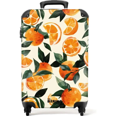Afbeelding van NoBoringSuitcases.com® Handbagage koffer lichtgewicht Reiskoffer trolley Beige met sinaasappels en bladeren Rolkoffer wieltjes Past binnen 55x40x20 55x35x25